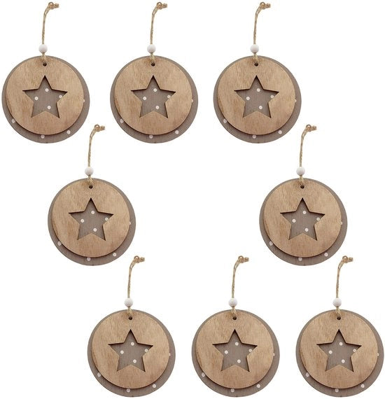 Set di decorazioni per albero di Natale in legno da 8 pezzi - 3D effetto - Ø 9 cm - corda di juta - ideale per la decorazione di Natale