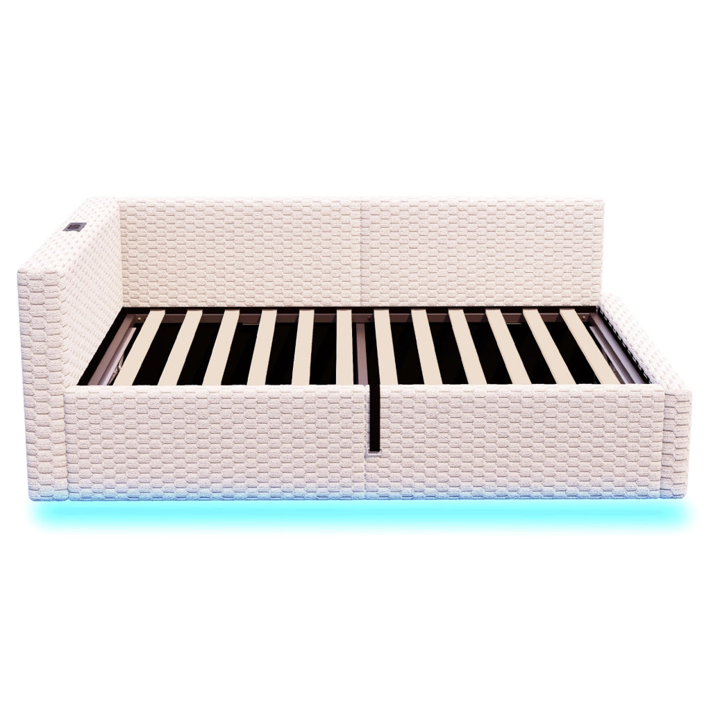 Letto imbottito 90x200 cm con vano contenitore, LED e porte USB/Type-C