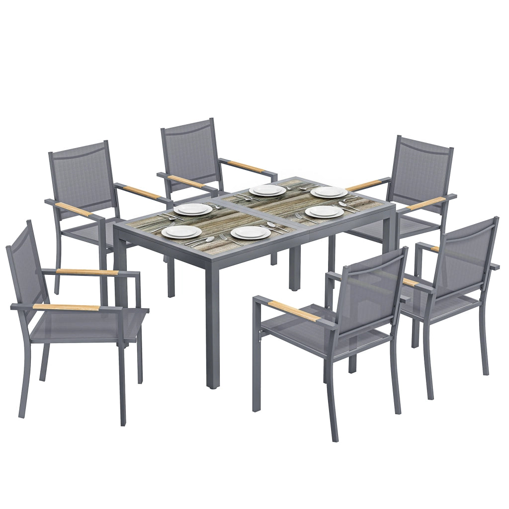 Set Giardino 7 Pezzi Tavolo Legno Effetto 6 Sedie Pieghevoli ¨C zephmum ¨C 140x80x72 Grigio