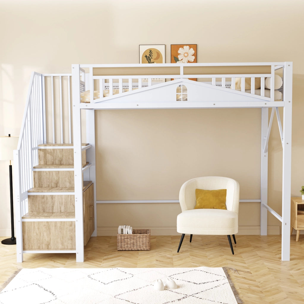 Letto a soppalco in metallo con scala contenitore; protezione a finestra e spazio sotto il letto; bianco; 90x200 cm; senza materasso