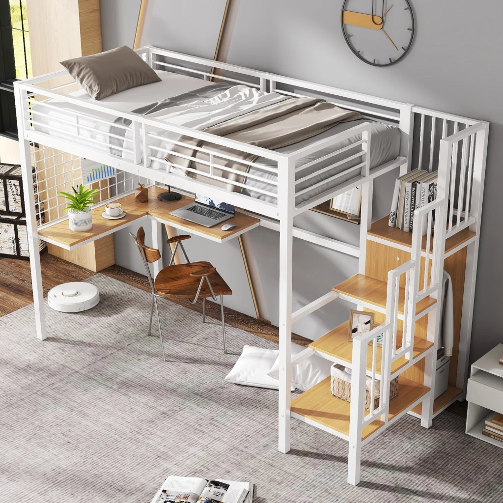 OKWISH Letto a Soppalco 90×200 cm, Letto Singolo con Scala Laterale, Scrivania e Armadio, senza Materasso, in Metallo e MDF, Bianco Naturale
