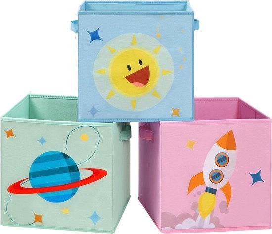 Set di archiviazione per la nursery - Set di 3 - Cassetti pieghevoli - Materiale: stoffa - Maniglie - Colori: blu, verde, rosa - Dimensioni: 30 x 30 x 30 cm