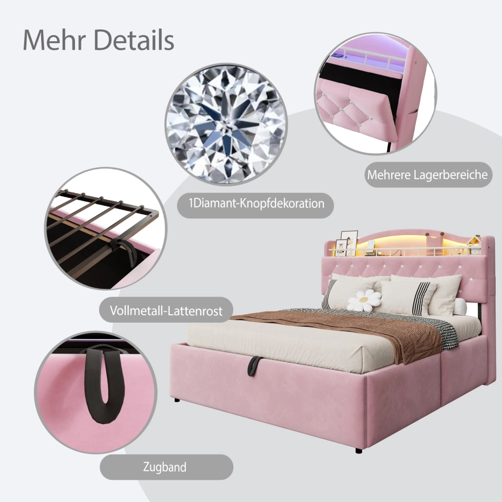 DESMIU Letto contenitore 140 × 200 cm 2 posti con LED, USB e USB-C, senza materasso, rosa