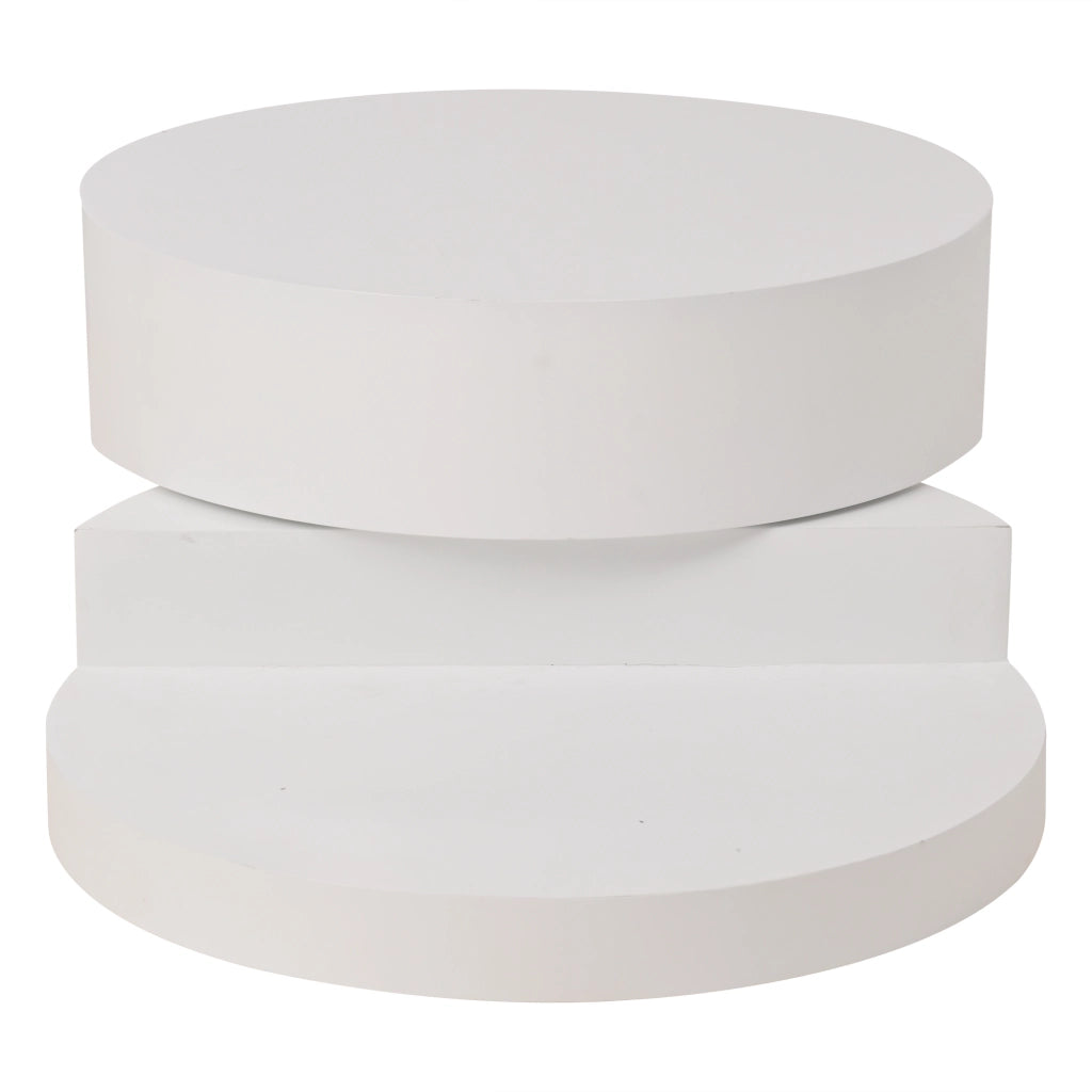 Tavolino da caffè rotondo 70x70x35,5 cm girevole a 360° con LED, struttura a doppio livello, MDF, bianco