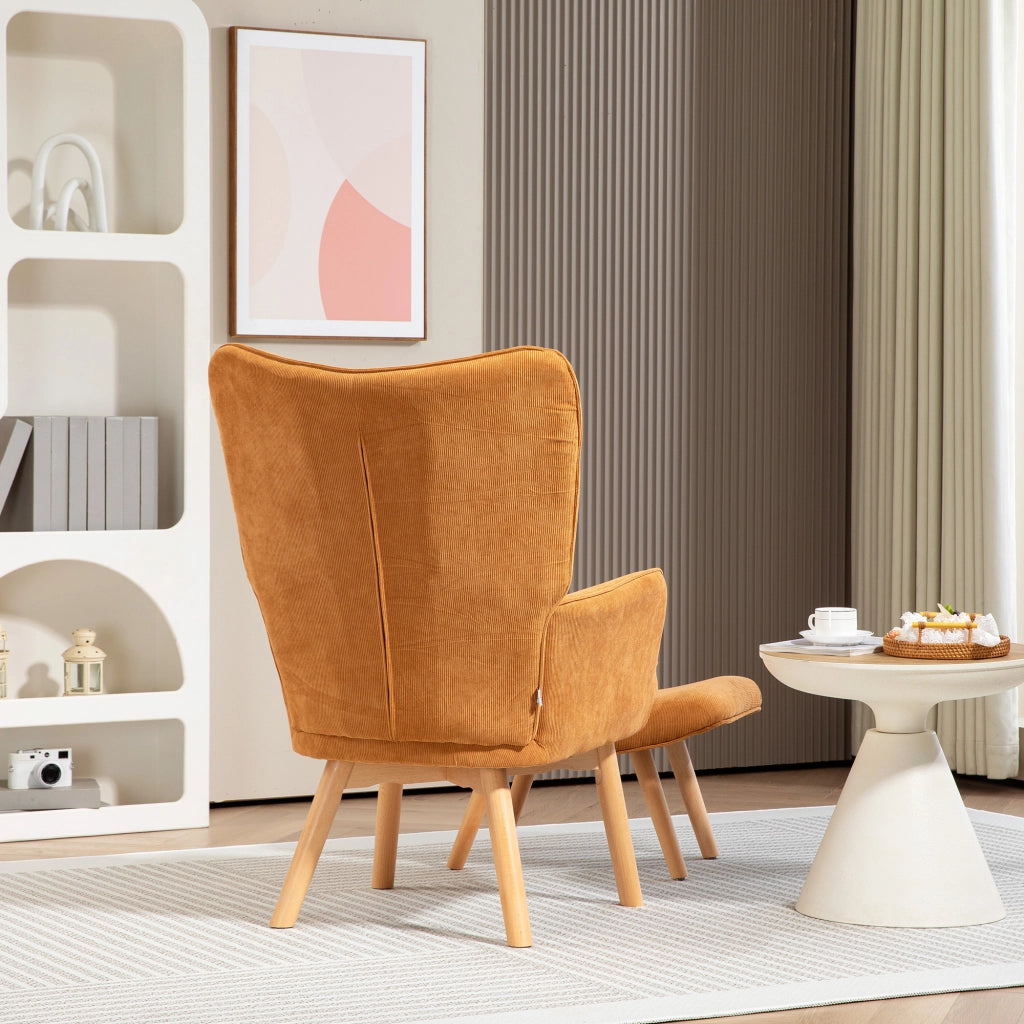 Poltrona con poggiapiedi, poltrona a orecchioni con schienale alto, gambe in legno, poltrona lounge con design capitonn¨¦, effetto velluto a coste,