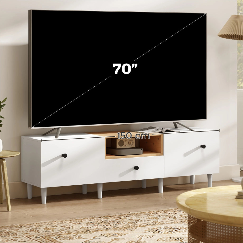 Mobile TV con Ante a Ribalta, Cassetto e Scaffale Aperto ¨C Minimal ¨C Bianco e Legno 150x35x45 cm