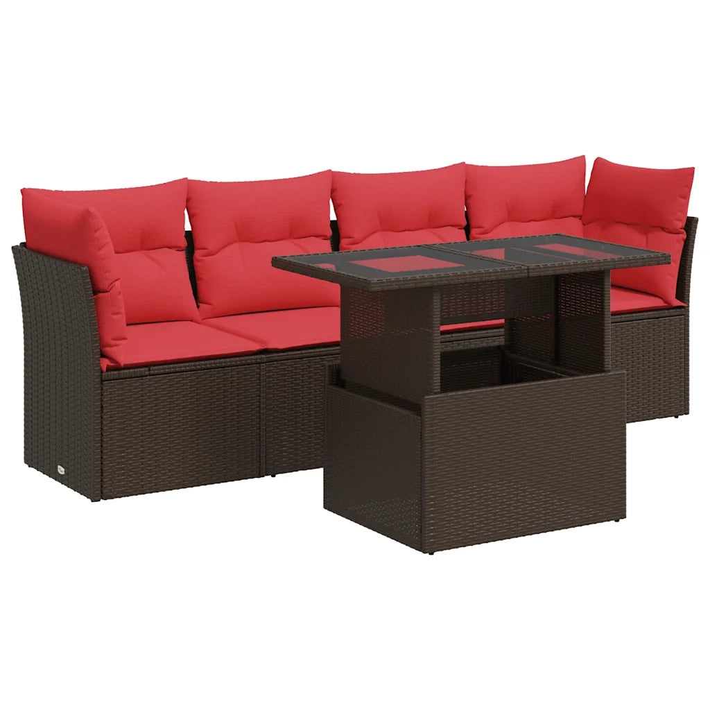 Set Divano da Giardino 5 pz Cuscini Marrone Polyrattan e Acacia 3326095