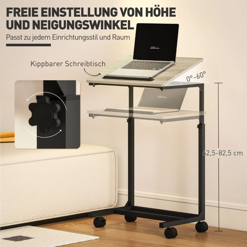 Tavolino da salotto elevabile con ruote e piano inclinabile per soggiorno; 55×36×62.5-82.5 cm; rovere