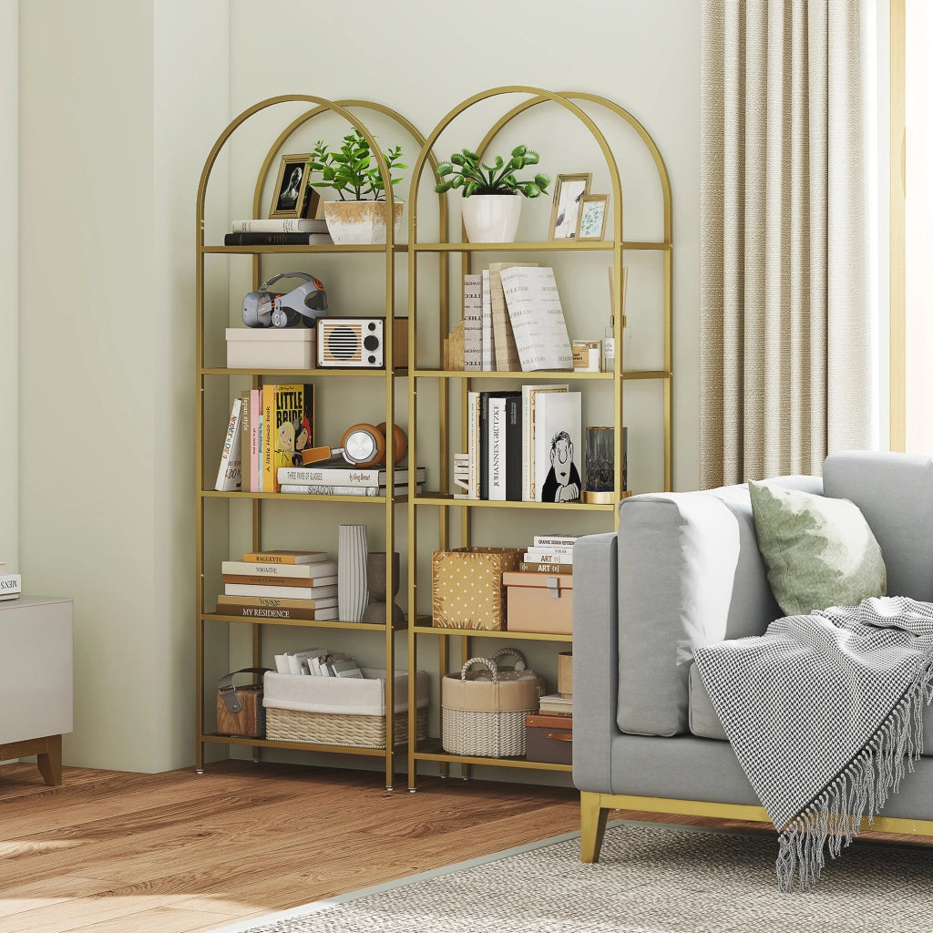 Scaffale Libreria Portaoggetti ad Arco 60x30x175 cm a 5 Ripiani in Acciaio e Vetro Temperato Oro