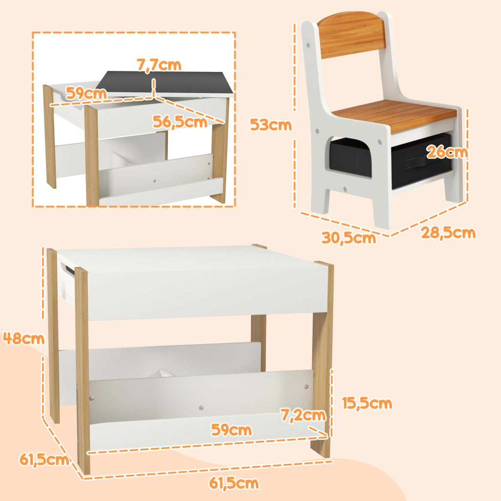 Tavolo per Bambini con Sgabelli e Pannello ¨C Minimal ¨C Bianco e Naturale 90x50x55