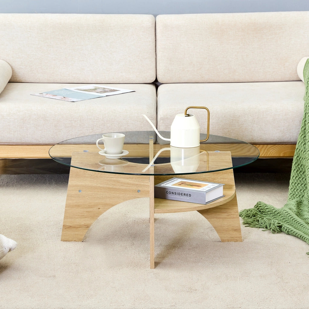 Tavolino da caff¨¨ rotondo moderno in vetro ¨C ? 80 cm con piano trasparente, design multifunzionale. Struttura a ventaglio, gambe in MDF effetto legno