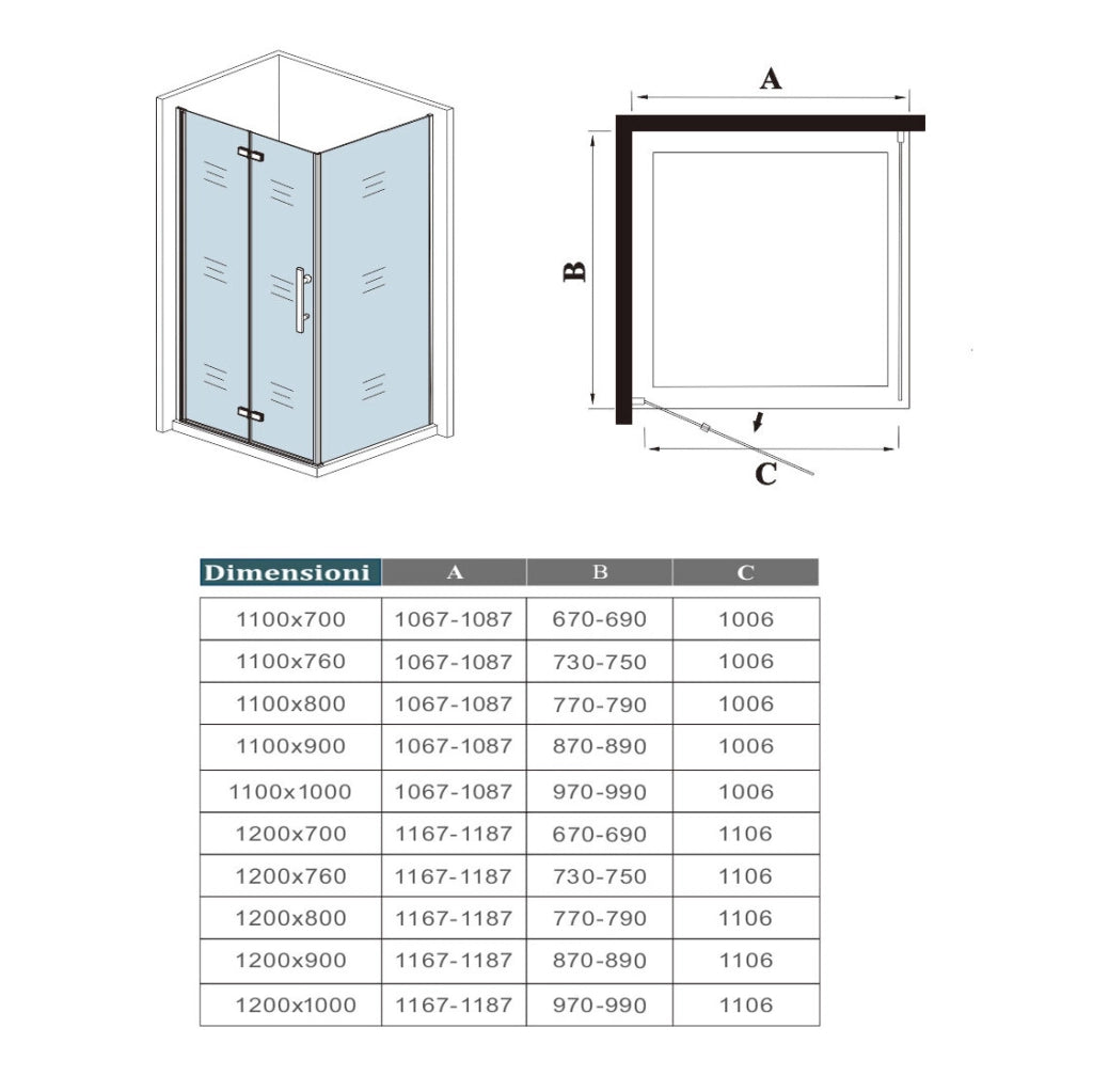 185 cm Box Doccia Angolare 110x76 cm Porta Battente Pieghevole 110 Parete Fissa 76 Vetro Temperato 6 mm Anticalcare Barra Stabilizzatrice da 45 cm Dorato Spazzolato