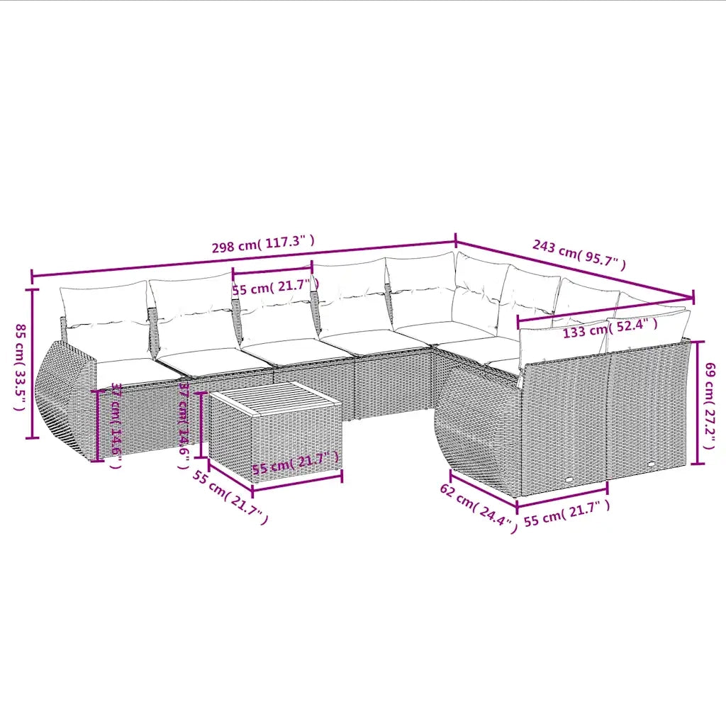 Set Divani da Giardino 10 pz con Cuscini Nero in Polyrattan 3225161