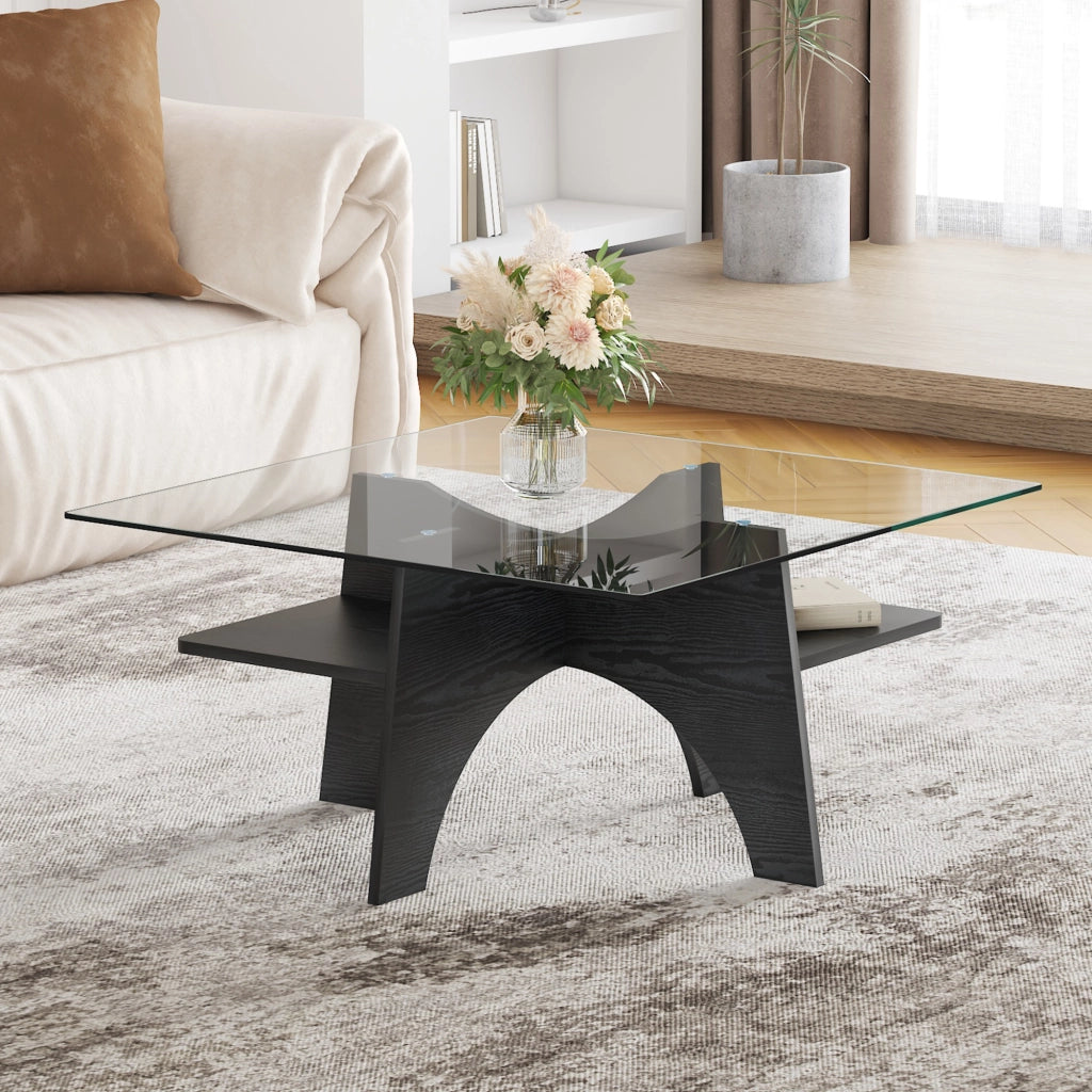 Tavolino/tavolino da caff¨¨ moderno di forma quadrata, realizzato in vetro temperato ¨C lati da 80 cm. Gambe in MDF con effetto legno nero. Ideale per s