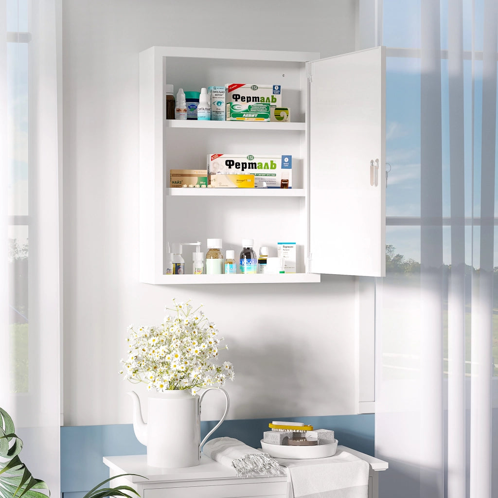 Armadietto da farmacia a muro con serratura e 2 chiavi, in acciaio bianco, 40x15x53,5 cm, per bagno e cucina.