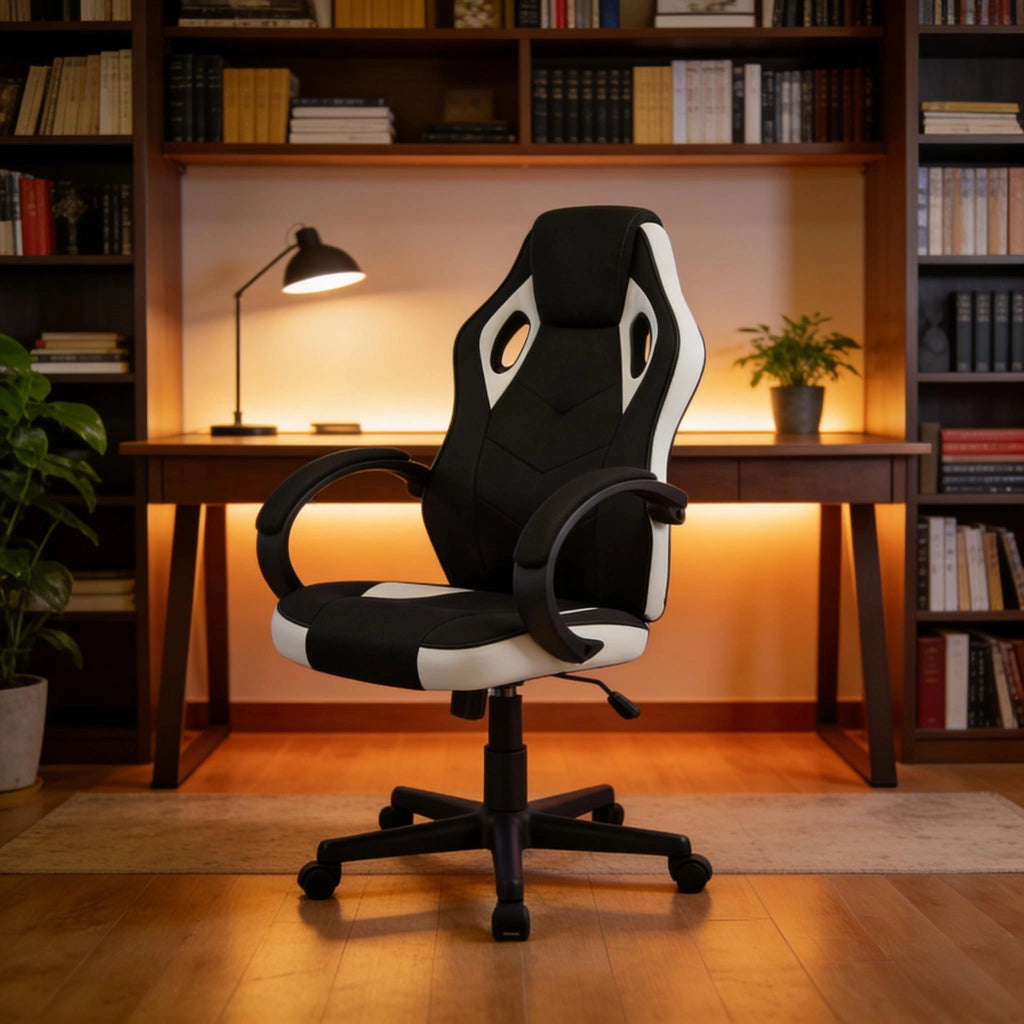 Sedia da ufficio gaming con braccioli, schienale alto e altezza regolabile, in rete e PU, Nero Bianco