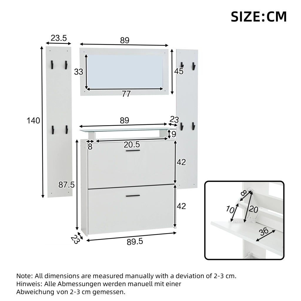MOBILE INGRESSO Set da 4 pezzi con specchio e scarpiera 89,5x23x96,5 cm bianco