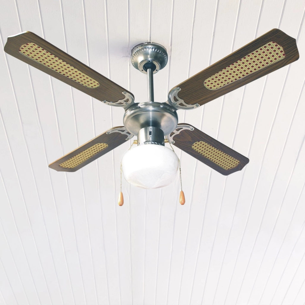 Ventilatore a Soffitto Zephir ZFS9107M 107 cm con Luce E27 – 4 Pale in Legno Rattan, 3 Velocità e Reversibile