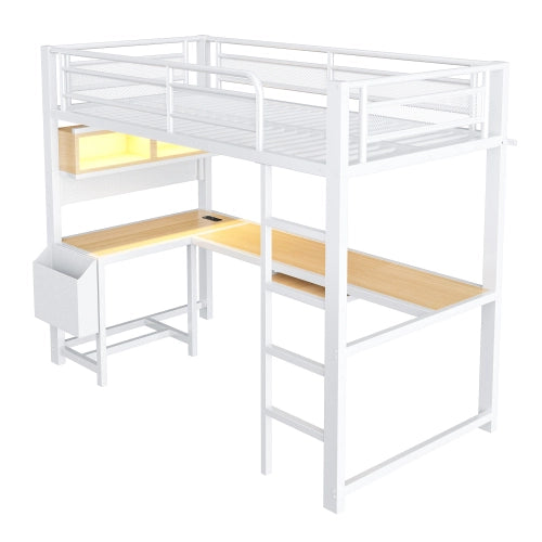 Letto a soppalco con scrivania 90x200 cm LEMONMAX, LED 7 colori, 2 prese e 2 USB, mensole, struttura in metallo, bianco