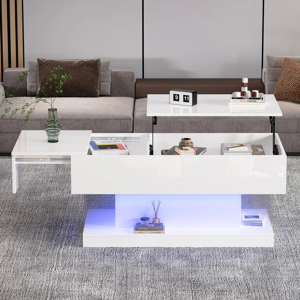 Tavolino da salotto bianco lucido 100x50x45 cm con sollevamento idraulico, funzione scorrevole laterale, LED e vano contenitore