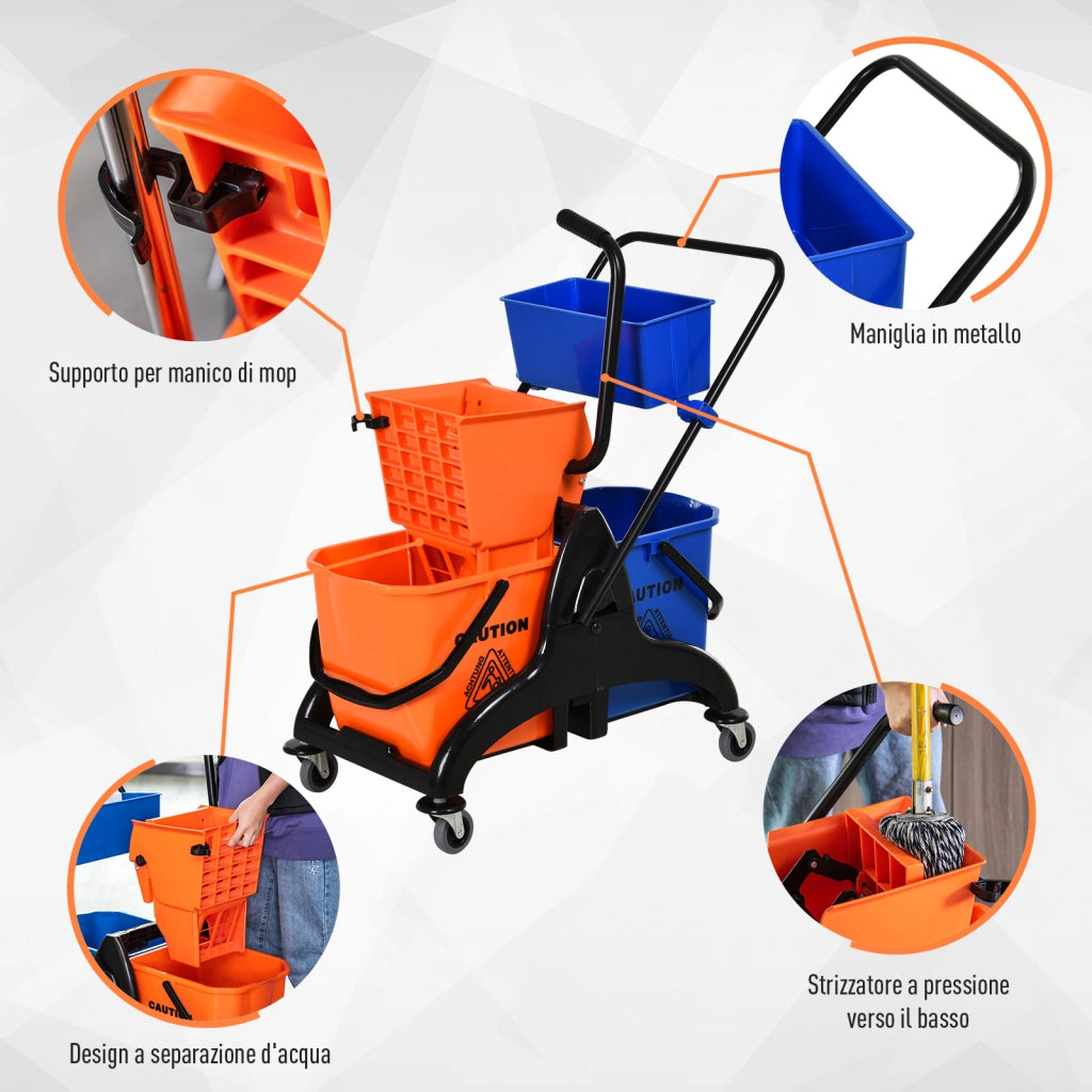 Carrello per pulizie con secchi ¨C Minimal ¨C 78x45x95 cm, arancio e blu, plastica e metallo