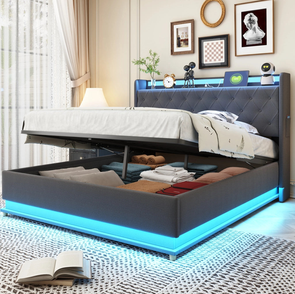 Letto imbottito 140x200 cm con LED, USB e vano contenitore idraulico