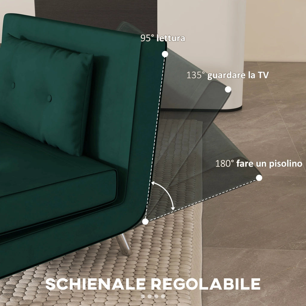 Poltrona Letto Singolo 3 in 1, Poltroncina Reclinabile a 3 Livelli con Rivestimento in Velluto e Cuscino, 100x88x83cm, Verde Scuro