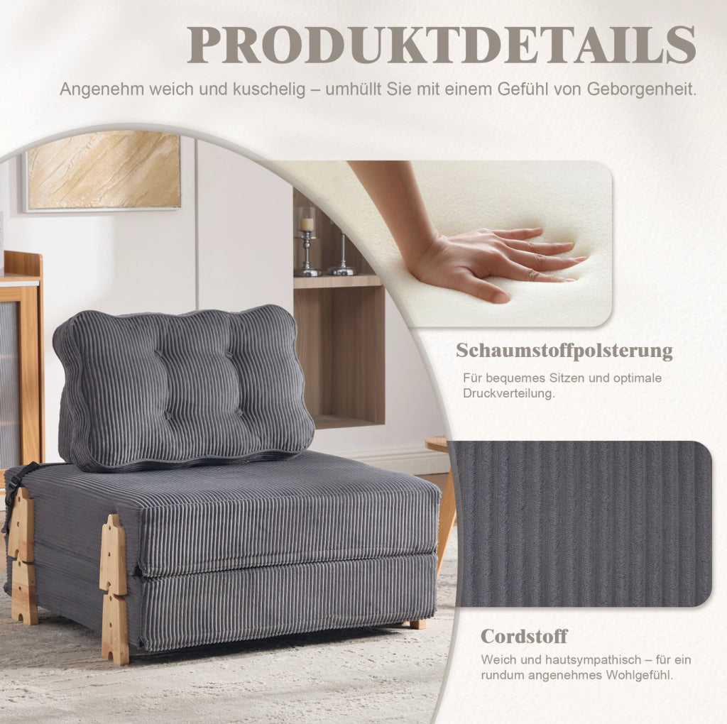 Poltrona letto pieghevole in corduroy grigio scuro; design nordico; 90x86x84 cm; con struttura in legno