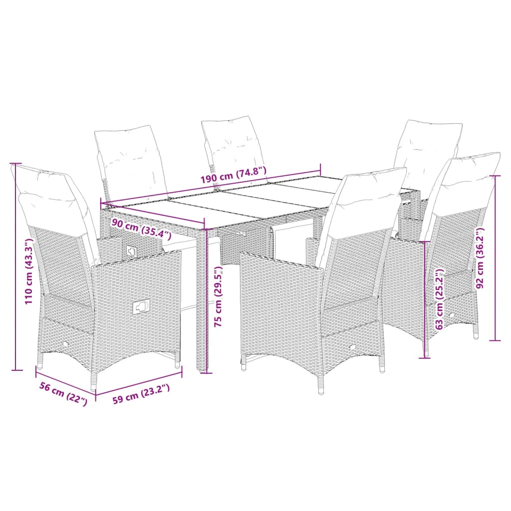 Set Bistrò da Giardino 7 pz con Cuscini in Polyrattan Grigio