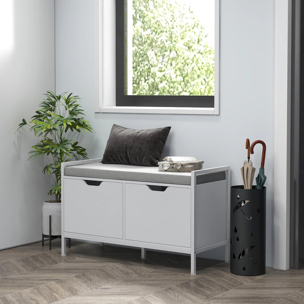 Panca Scarpiera con Cuscino ¨C Xylo ¨C Bianco Legno Acciaio 84x35x50 cm