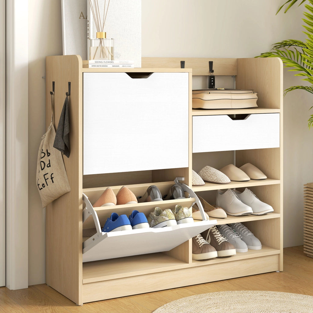 Scarpiera con cassetti e appendiabiti ¨C zephmum ¨C bianco e naturale, 4 ganci per 14 paia di scarpe