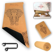 Set di Yoga Premium in cura e gomma naturale con tema elefante - 4 mm di ammortizzazione e antiscivolo - incl. cinturino, fasciatoio e blocco - resistente in 3 misure (M, L, XL)