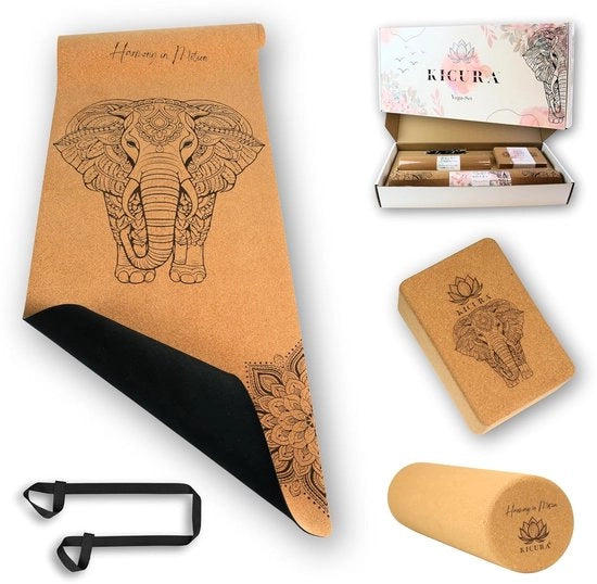 Set di Yoga Premium in cura e gomma naturale con tema elefante - 4 mm di ammortizzazione e antiscivolo - incl. cinturino, fasciatoio e blocco - resistente in 3 misure (M, L, XL)