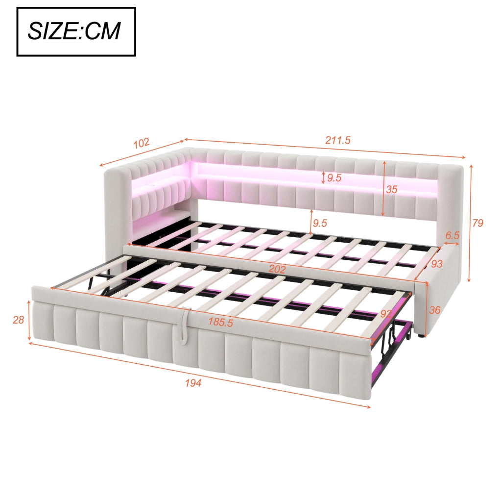Divano letto estraibile 90x200 cm con LED, USB e vani integrati beige