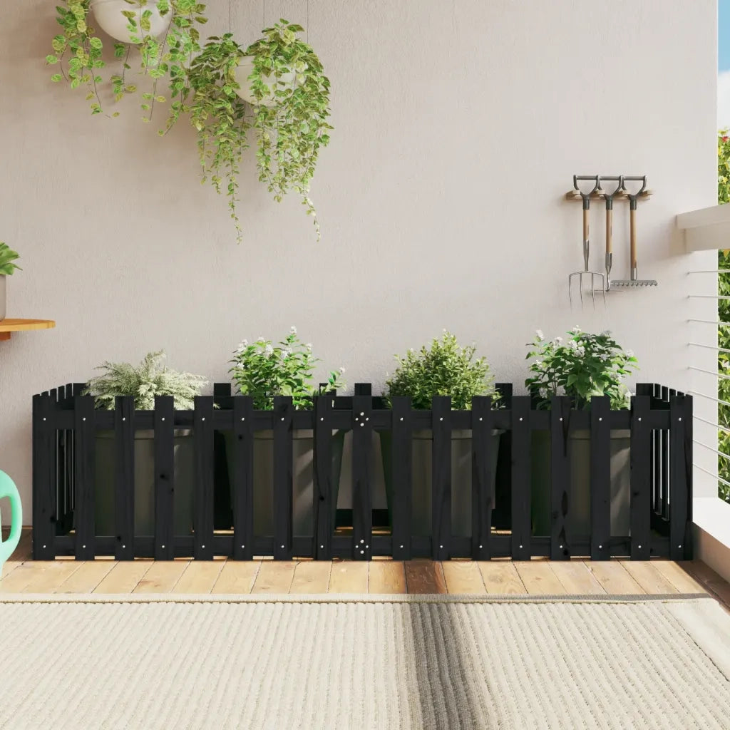 Fioriera Giardino a Recinzione Nera 200x50x50cm Massello Pino 832509