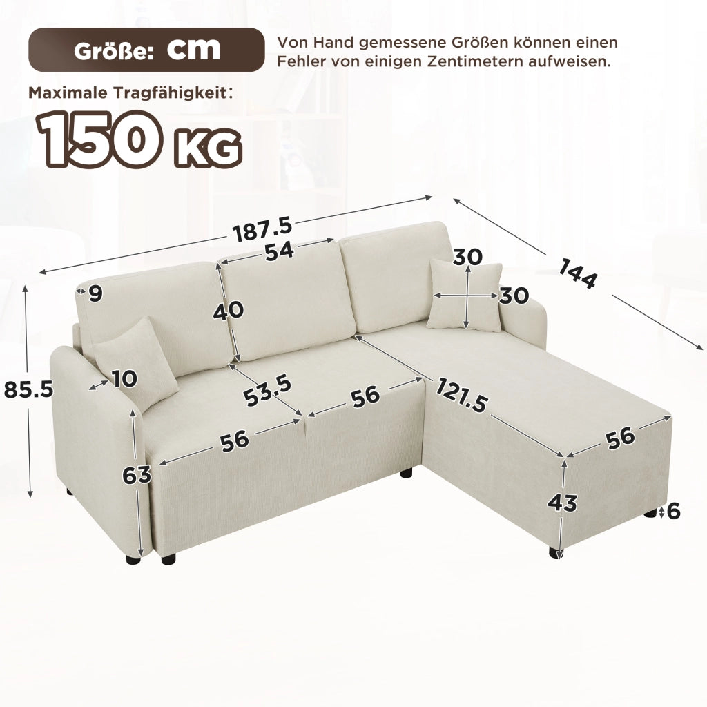 Divano angolare 3 posti con chaise longue integrata e 2 cuscini in chenille beige chiaro