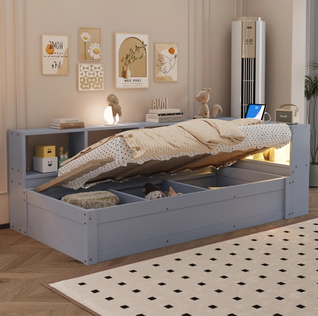 Letto multifunzionale 90x200 cm con LED, presa integrata e vano contenitore