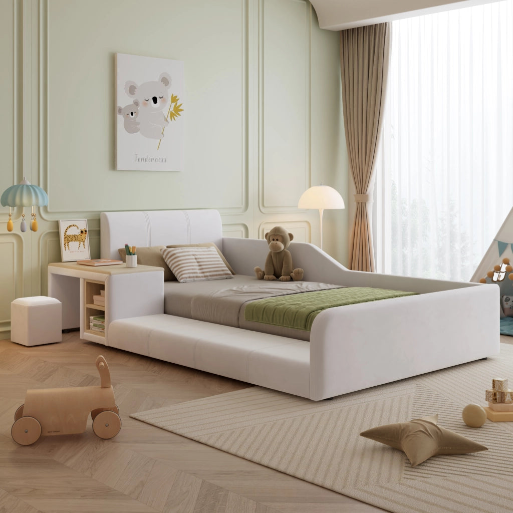 LETTO singolo 90x200 cm in velluto bianco con scrivania e sgabello