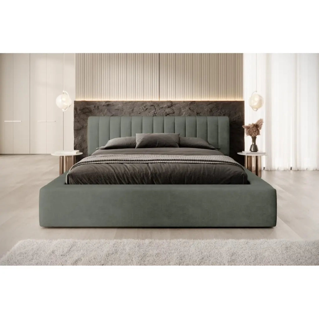 Letto contenitore CERVIN – Velluto morbido Salvia Notturna – 140x200 cm – Rete sollevabile – Design elegante