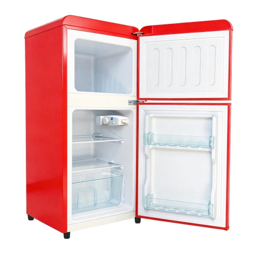 Frigorifero a doppia porta (86L) – controllo della temperatura a 7 livelli; classe di efficienza energetica E; luce a LED; ripiani regolabili e portauova – rosso