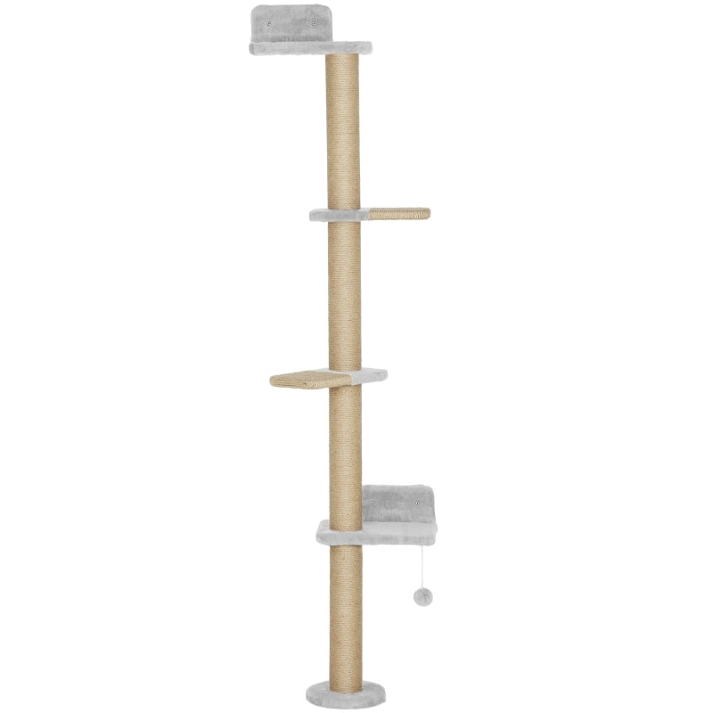Tiragraffi per gatti, design a 5 livelli, giocattolo, pali in sisal, tessuto felpato, grigio chiaro