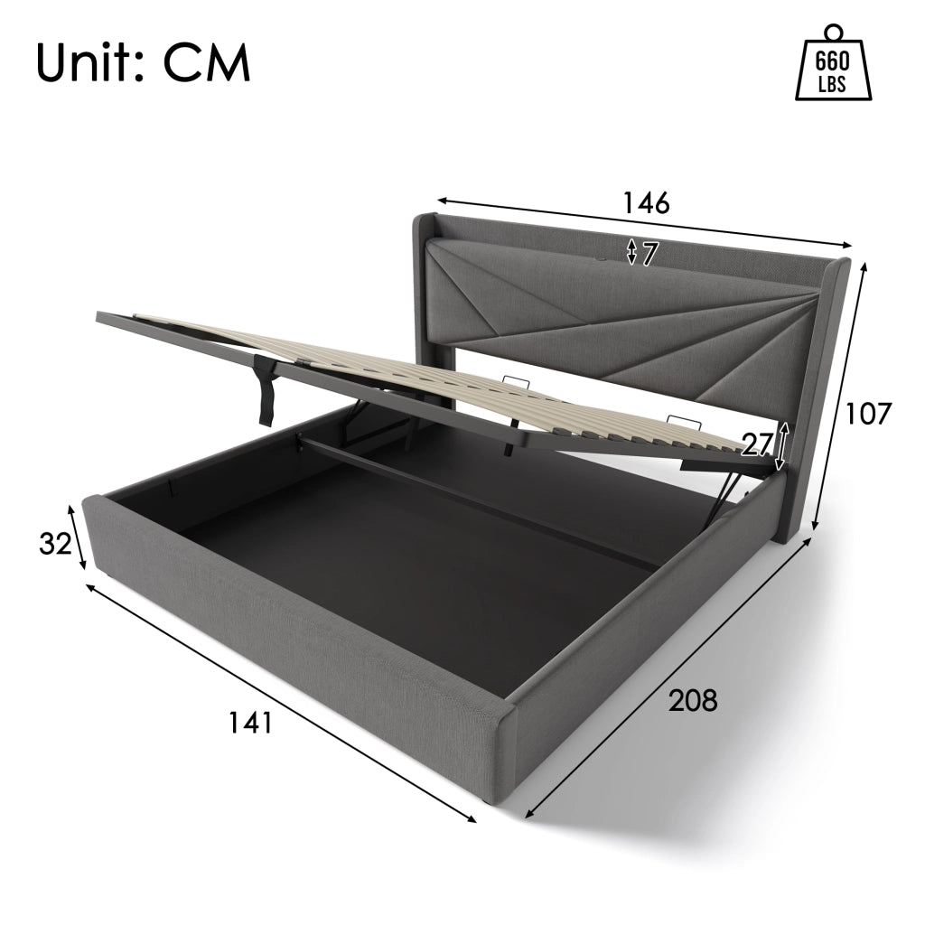 OKWISH Letto Contenitore 140×200 cm, Letto Matrimoniale con USB, Tipo C e Testiera, senza Materasso, in Tessuto Lino Cotone, Grigio