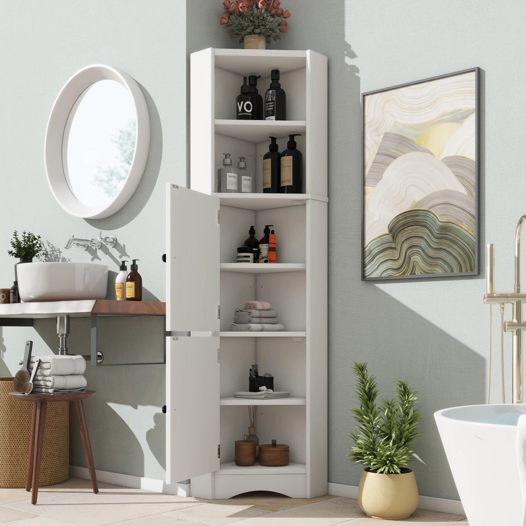 Mobile angolare da bagno con 2 ante, 2 vani aperti e ripiani regolabili, in MDF laccato, bianco, 51.7 × 32 × 155.4 cm