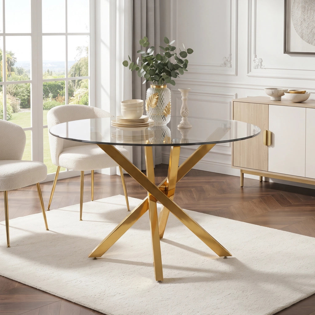 Tavolo rotondo in vetro temperato 80 cm, struttura color oro, design moderno con base a croce