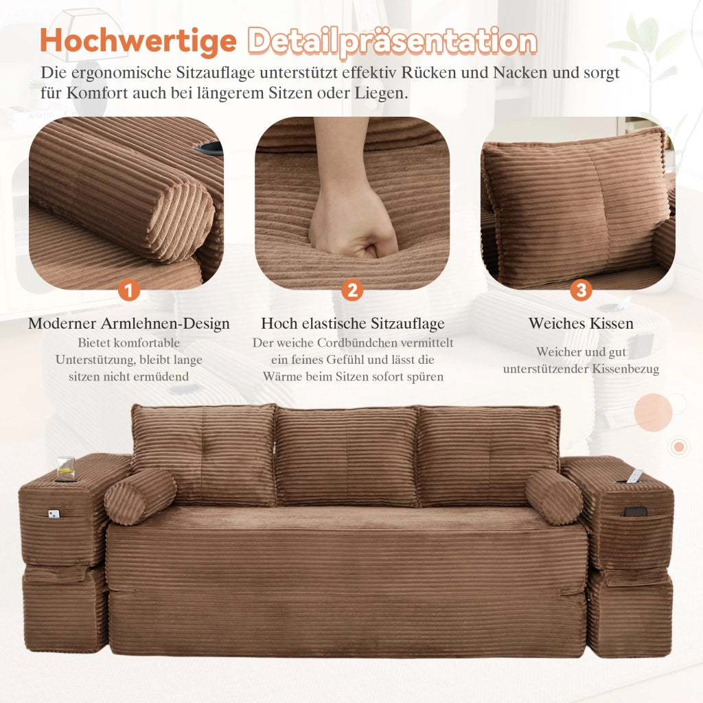 Divano Letto 3 Posti Pieghevole con Cuscini e Tasche ¨C MINIMAL ¨C Tessuto a Coste