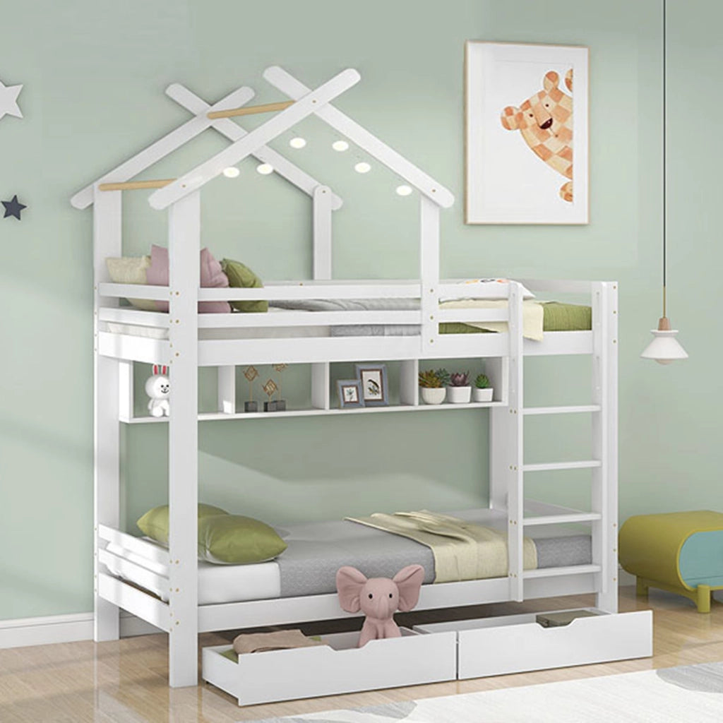 LETTO A CASTELLO con cassetti e ripiani 90x200 cm Bianco Legno massello e MDF