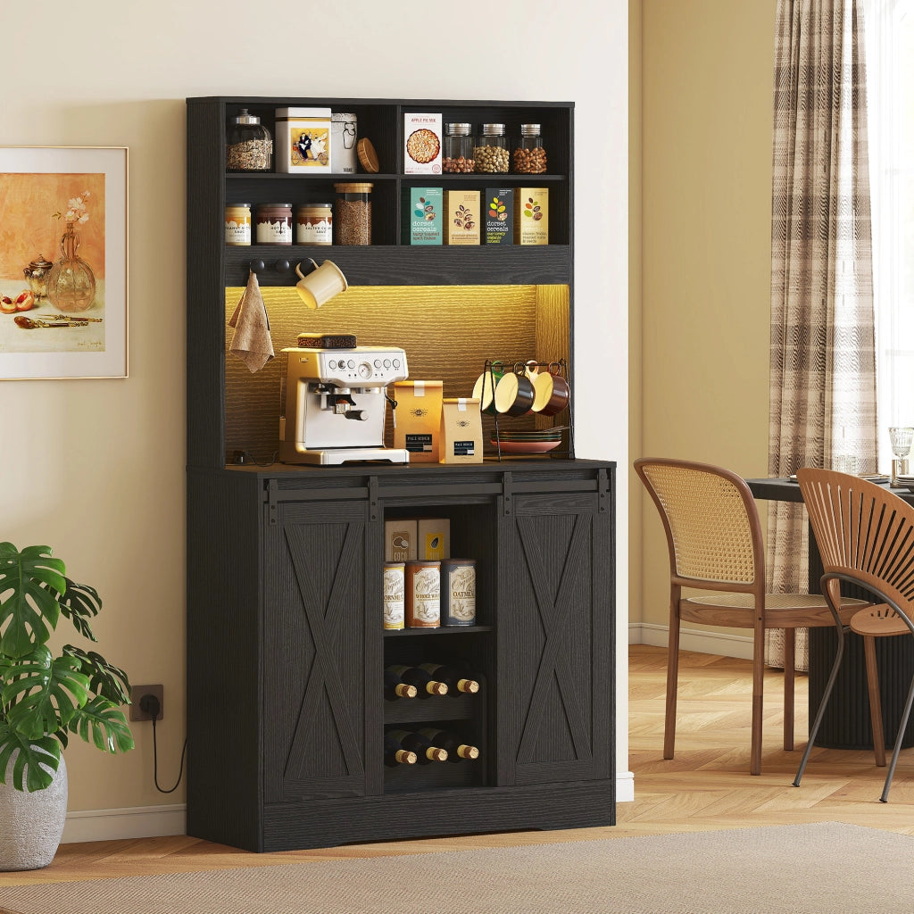 Credenza Rustica con Armadietti, Portabottiglie e Luci LED ¨C Minimal ¨C Nero