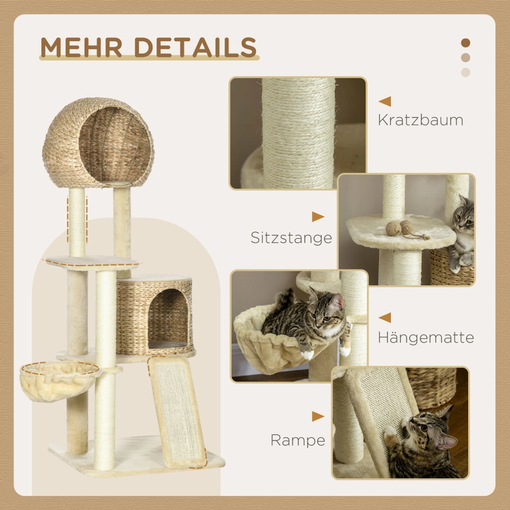 Tiragraffi con casetta in rattan, piattaforme multiple, amaca e rampa, dispositivo antiribaltamento, morbido, beige, 60 x 60 x 150 cm