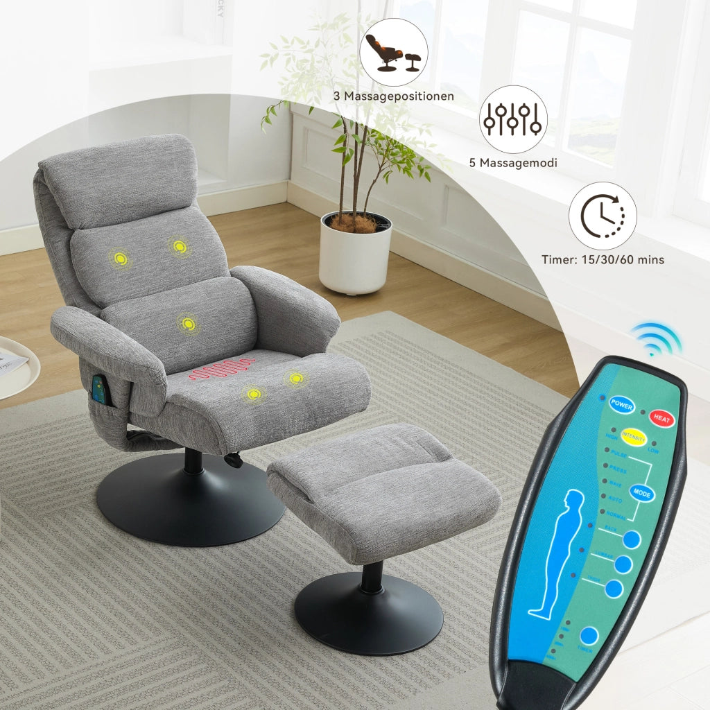 Fauteuil relax in ciniglia con massaggio a 5 punti, funzione riscaldante, girevole 360° e poggiapiedi grigio