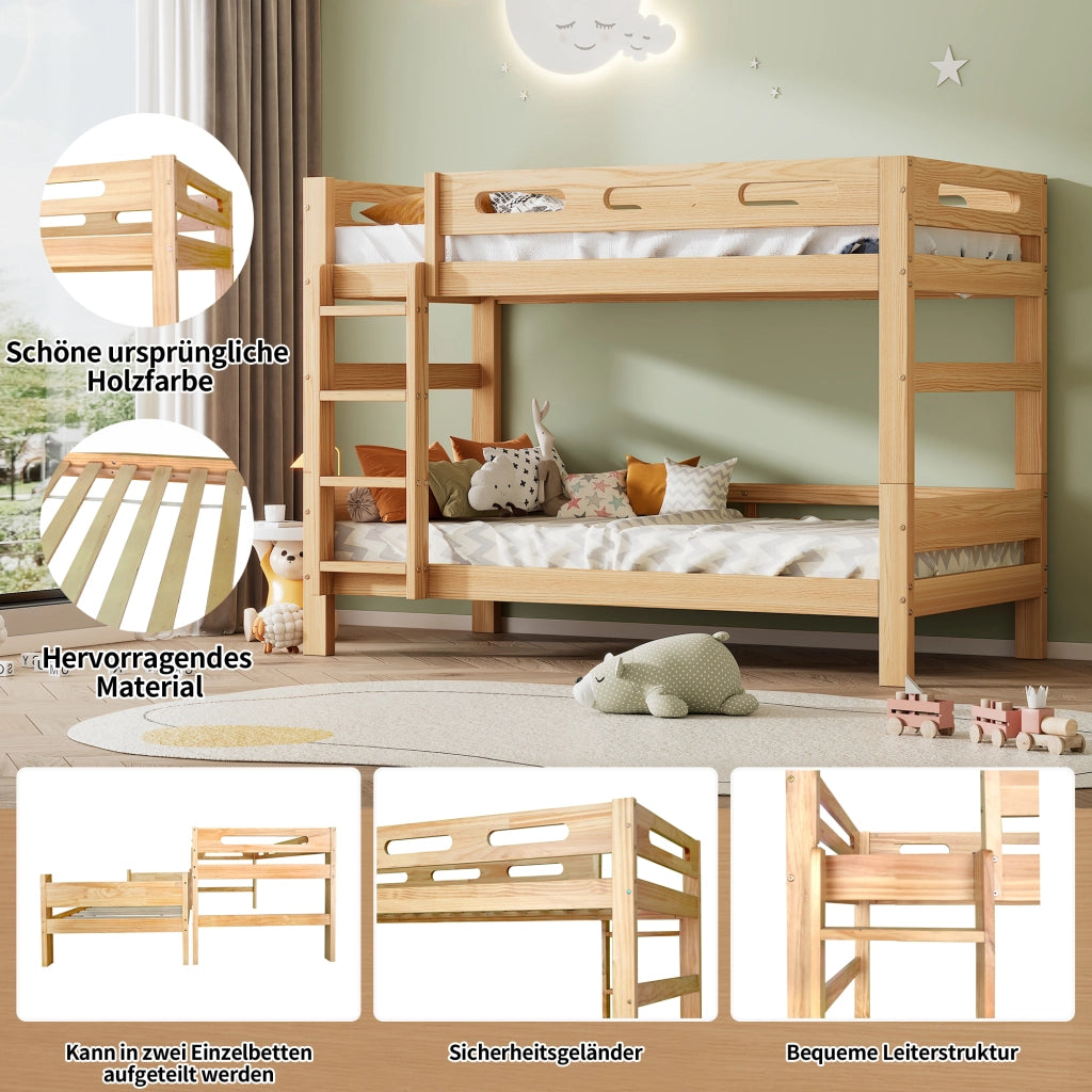 Letto a castello 90×200 cm; letto singolo; separabile in 2 letti singoli; senza materasso; in legno massello; naturale